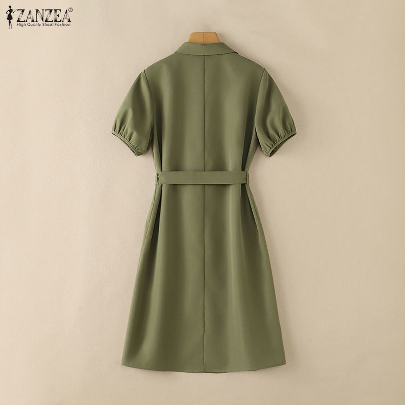 ZANZEA Women Casual Turn Down Collar Solid Color Short Sleeve Dress