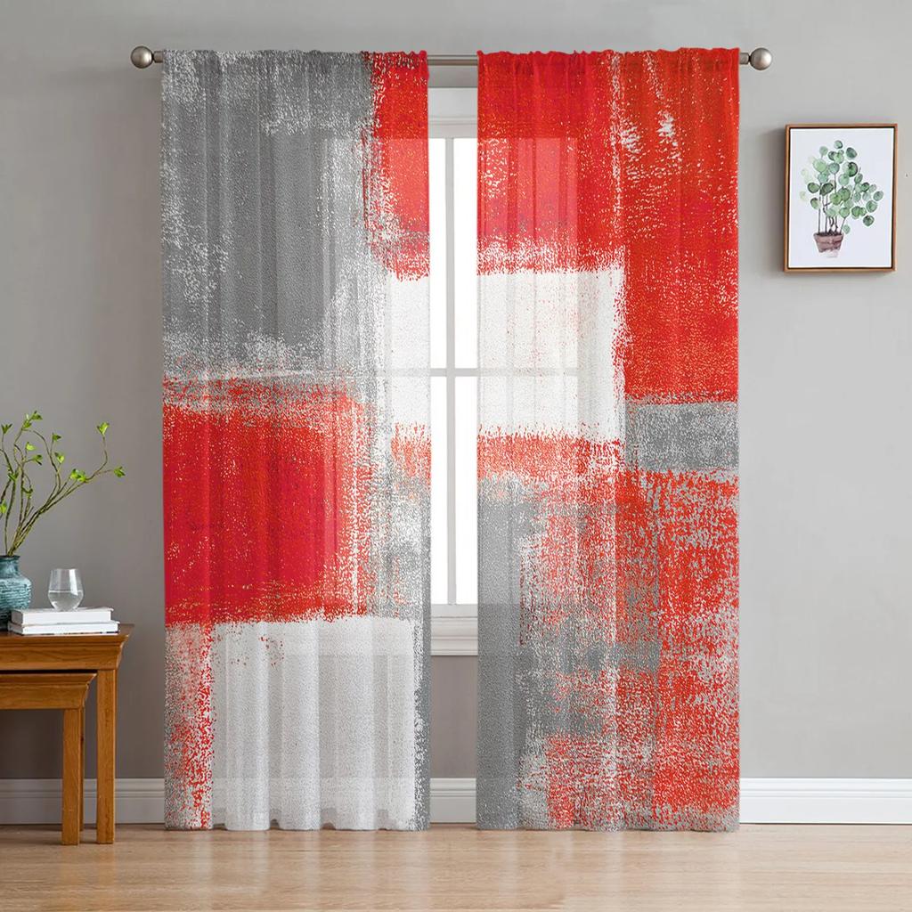 Oil Painting Abstract Geometric Yellow Gray Sheer Curtains for Living Room Decoration Window Curtain Kitchen Tulle Voile Drapes