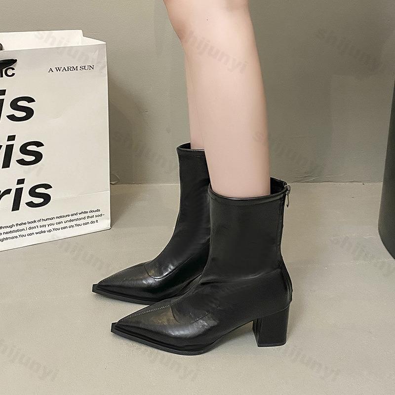 Fashion Women Short Boots 2025 Autumn Pointed Toe Korean Fashion Solid Colour Non-slip High Heels Thick Heel Comfort Shoes Botas Mujer