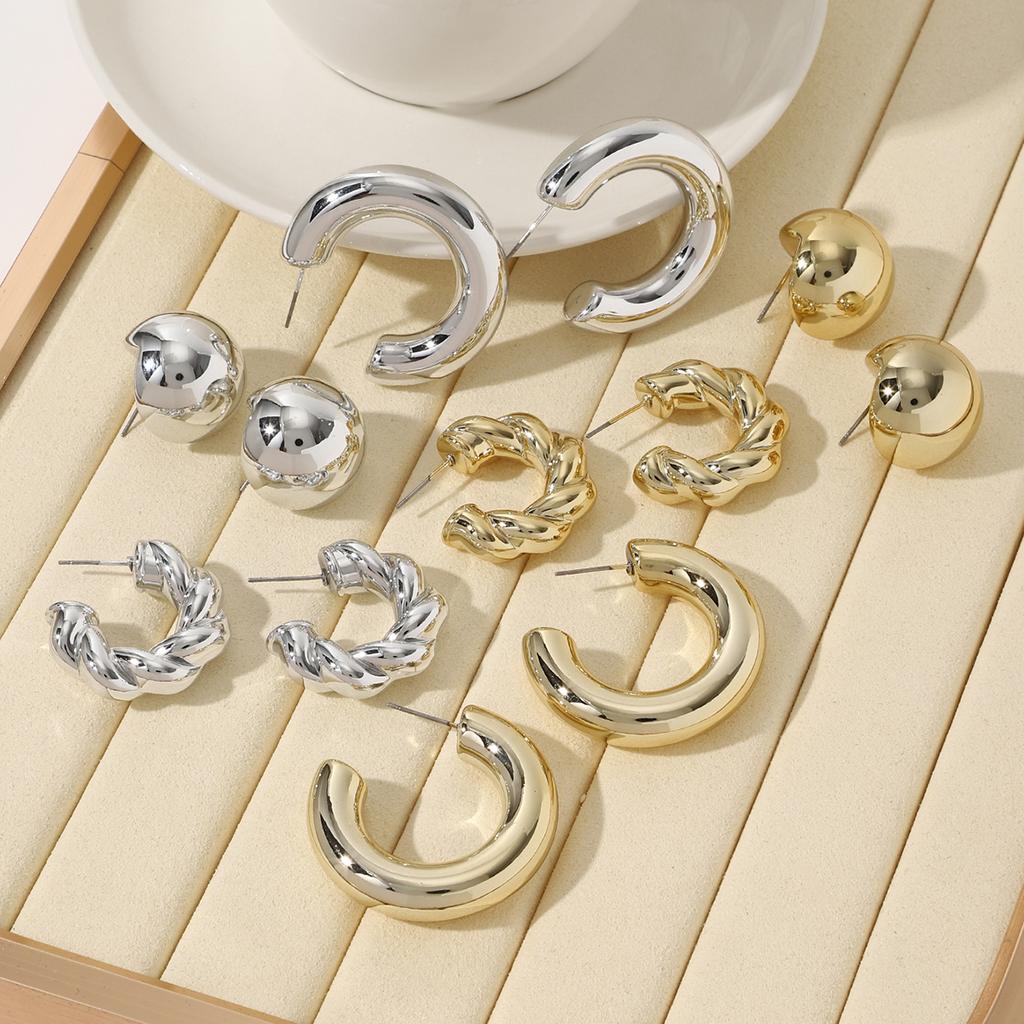 Fashion Geometry Chunky C-shaped Earring Set Creative Design Half Round Stud Earrings Women's Statement Versatile Daily Zircon