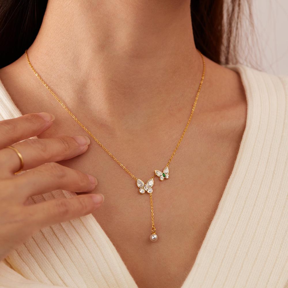 Exquisite butterfly Necklace Fashion Stainless Steel Luxury Zircon Jewelry Commute Pearl Tassel Chokers Necklaces ALN2601000252