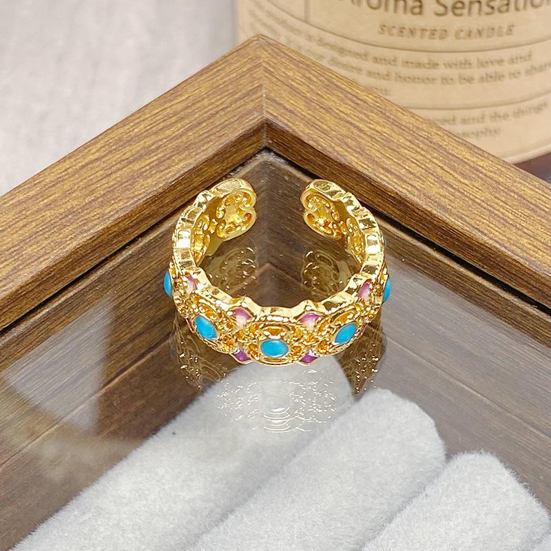 Medieval Vintage Colored Enamel Flower Butterfly Opening Ring Female Retro Niche High-End Light Luxury Ring