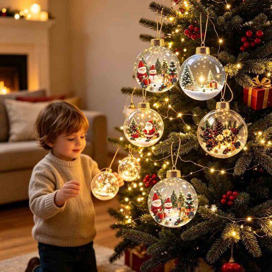 Glowing Tree Decorations Christmas Story Ornament, Mini Holiday Scene In Ball Hanging Decoration, Gift for Friends Light Up Acrylic Clear Pendant Xmas