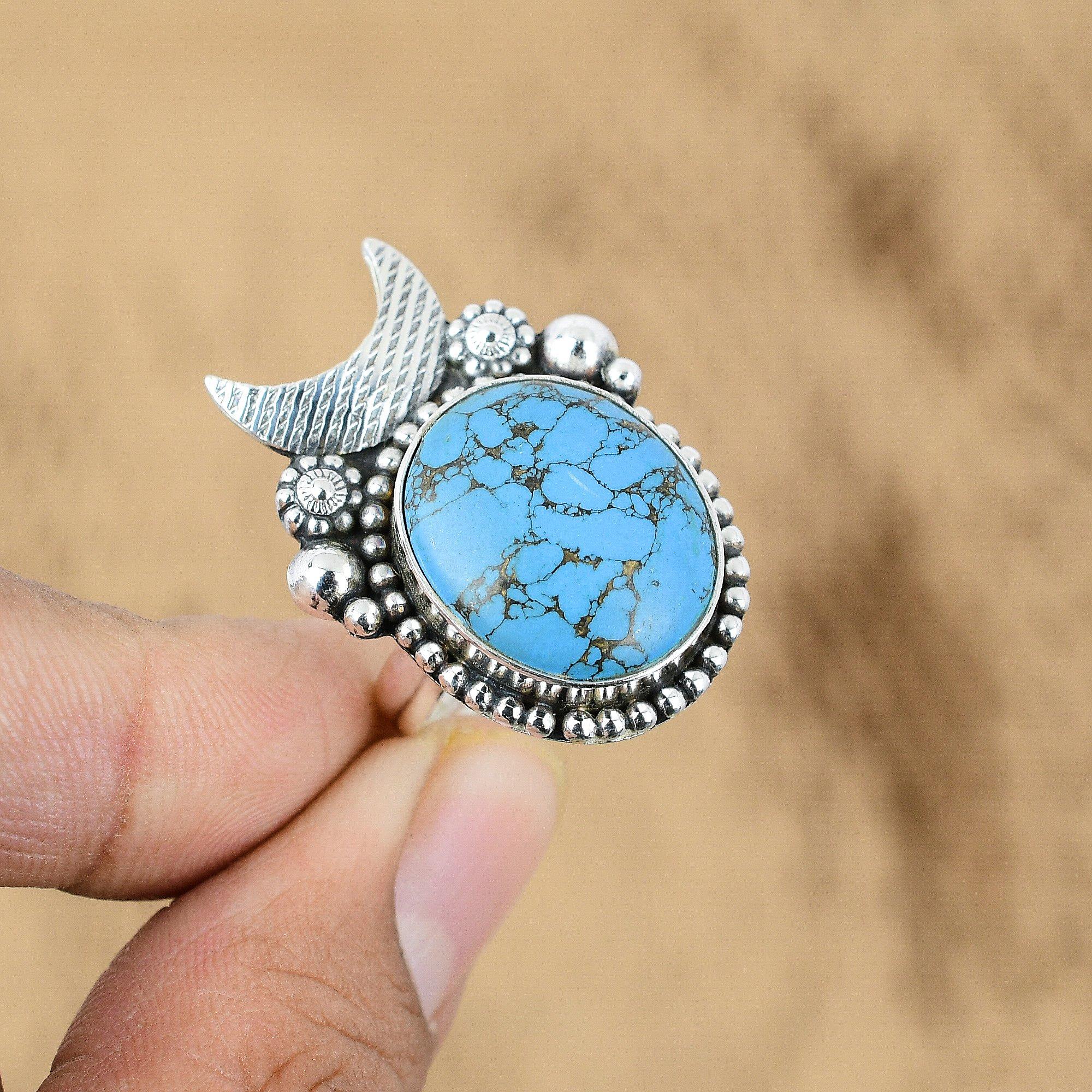 

Natural Tibetan Turquoise 925 Silver Cresent Moon Adjustable Ring For Girls Yes