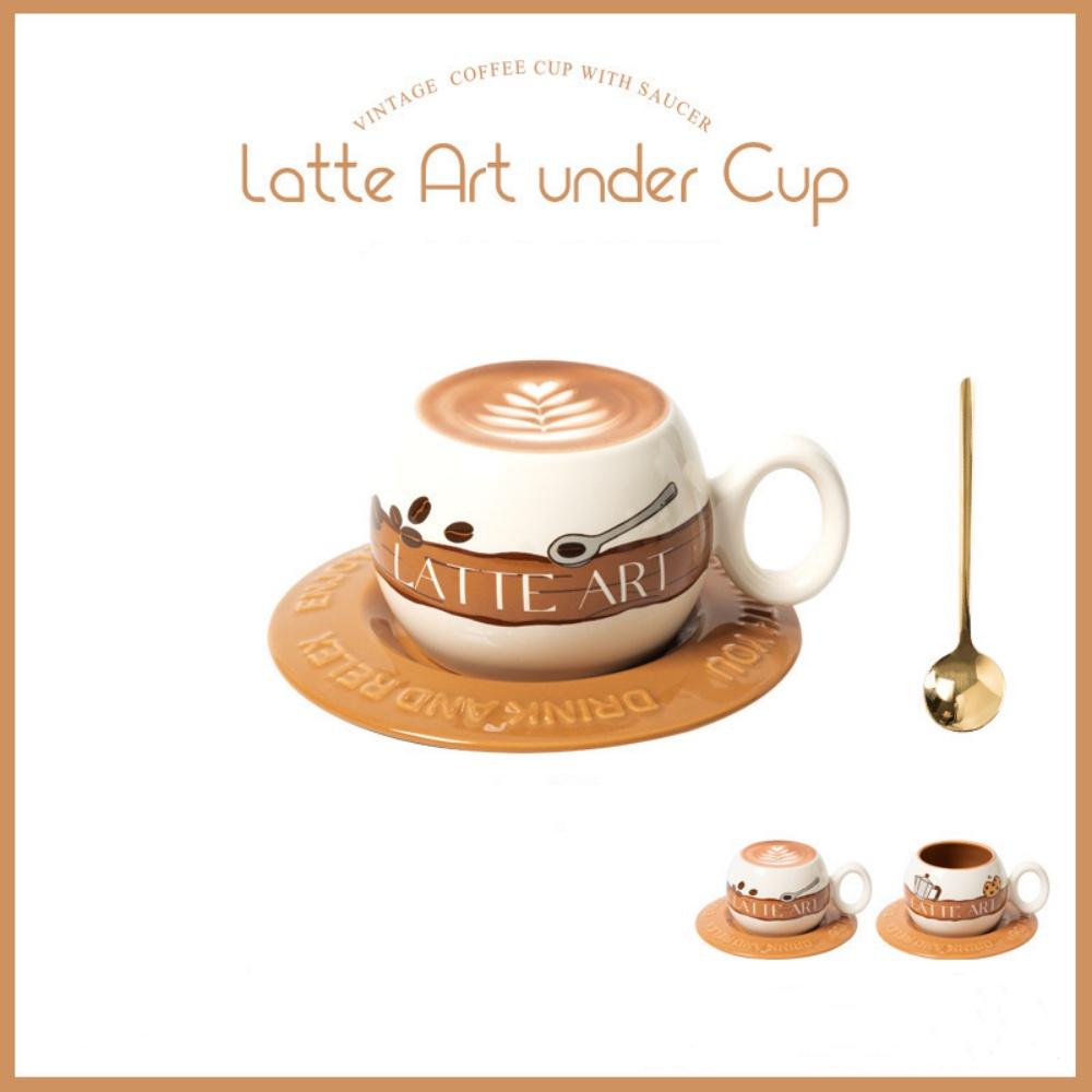 Big Belly Coffee Cup with Wood Saucer and Spoon 300ML Latte Under Botton Shaped Coffee Mug