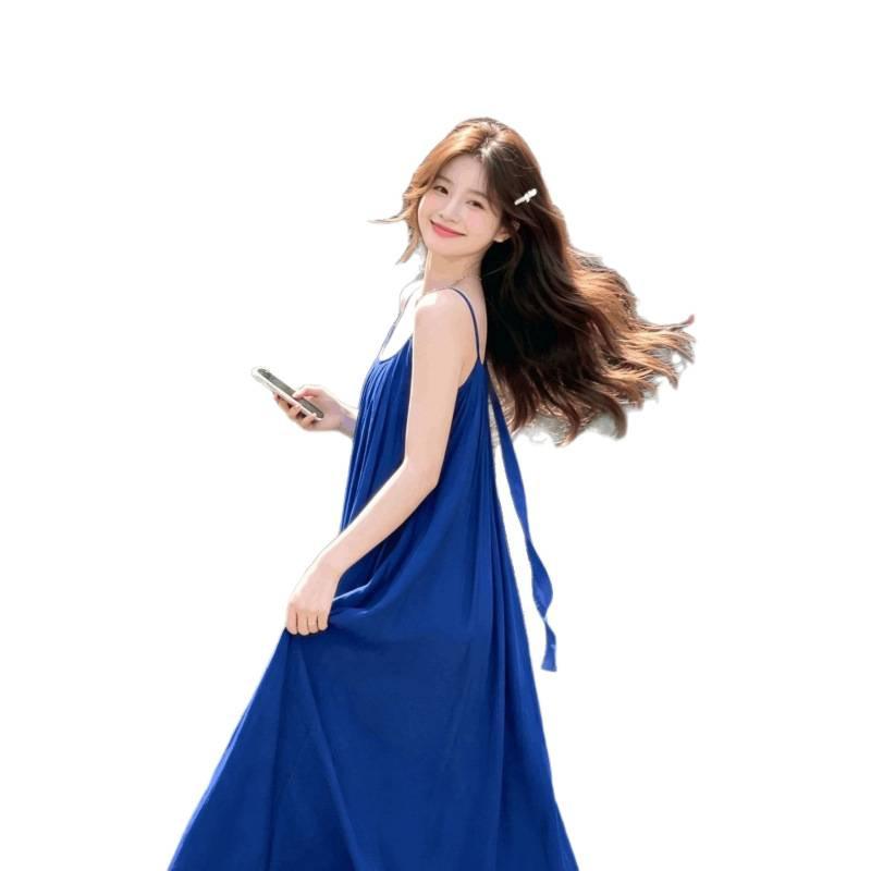 Blue holiday dress white French feeling seaside beach suspender long dress