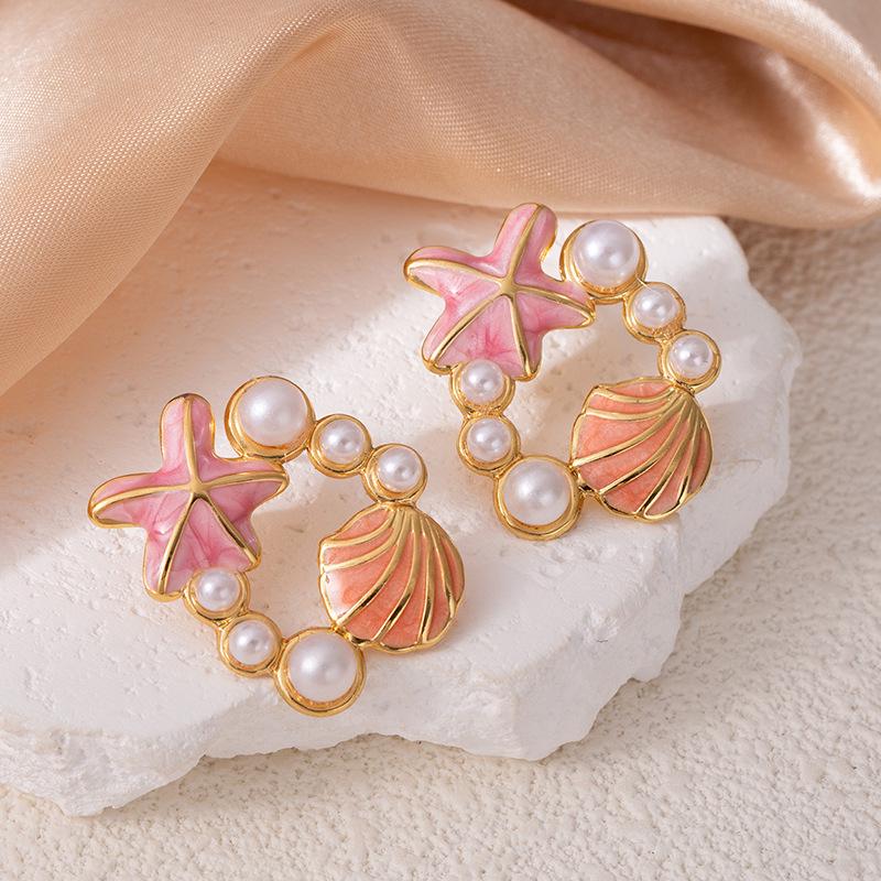 Colorful Drip Oil Starfish Mother-of-Pearl Pearl Stainless Steel Stud Earrings - Women's Non-Fading Light Luxury