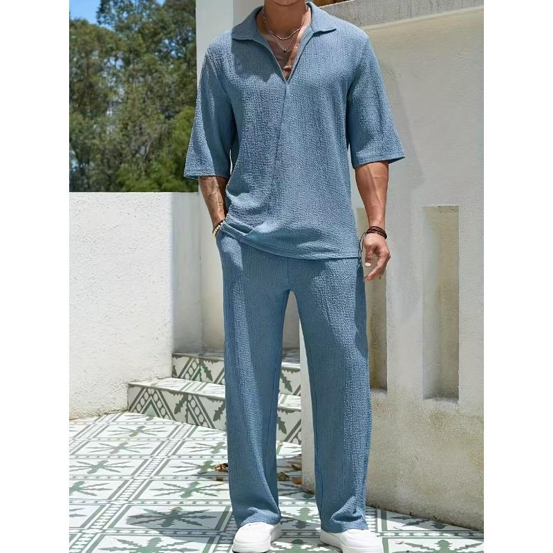 Men Casual Commute Solid Color Short Sleeve Shirt Long Pants Two Piece Set
