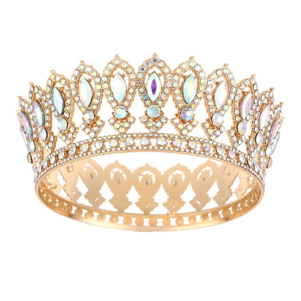 Round Princess Queen Tiara European Crystal Full Crown Metal Bridal Wedding Crowns  Birthday Party
