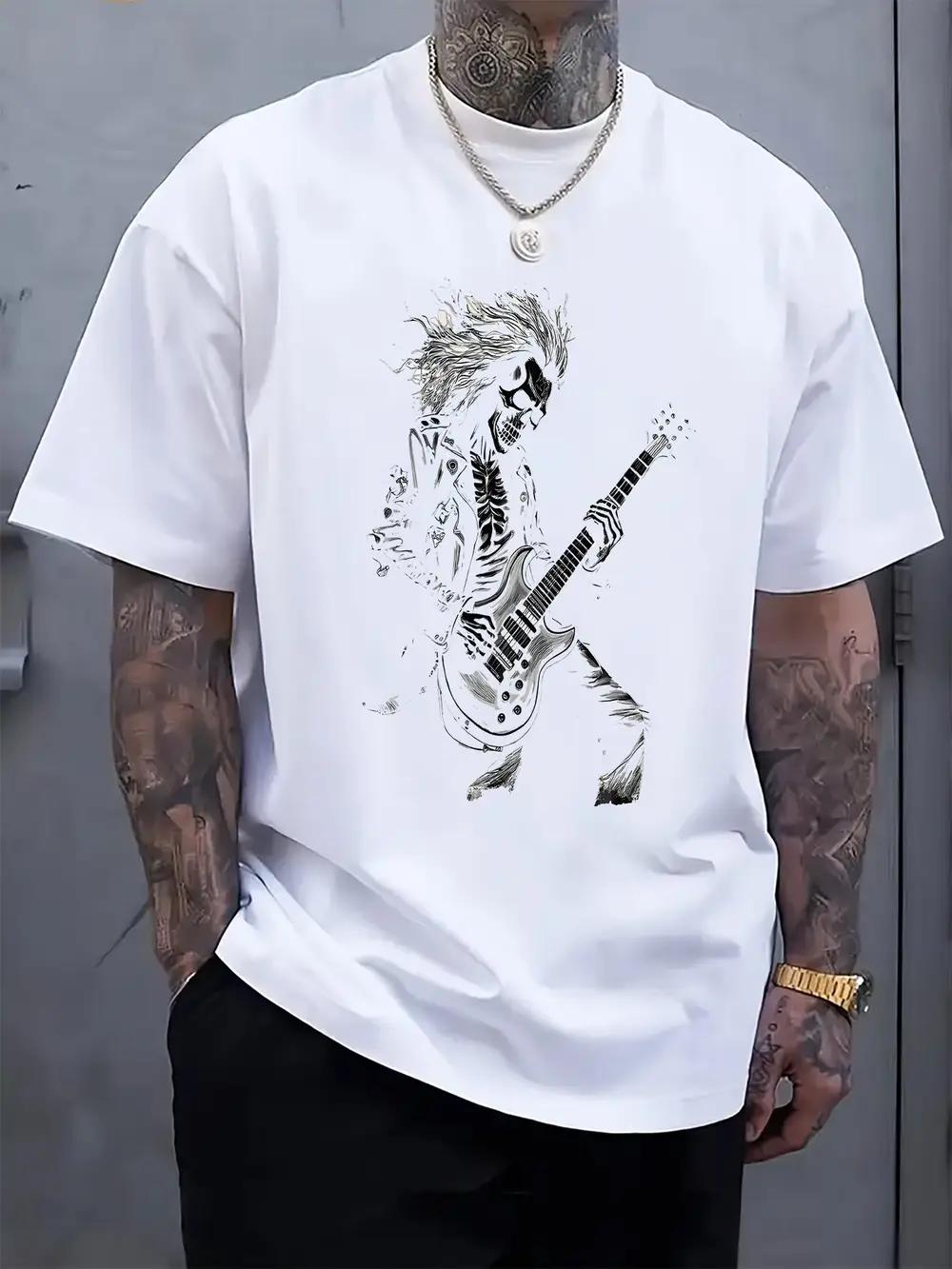 Casual Crew Neck T-shirt with Skull Rocker Print - Short Sleeve XL