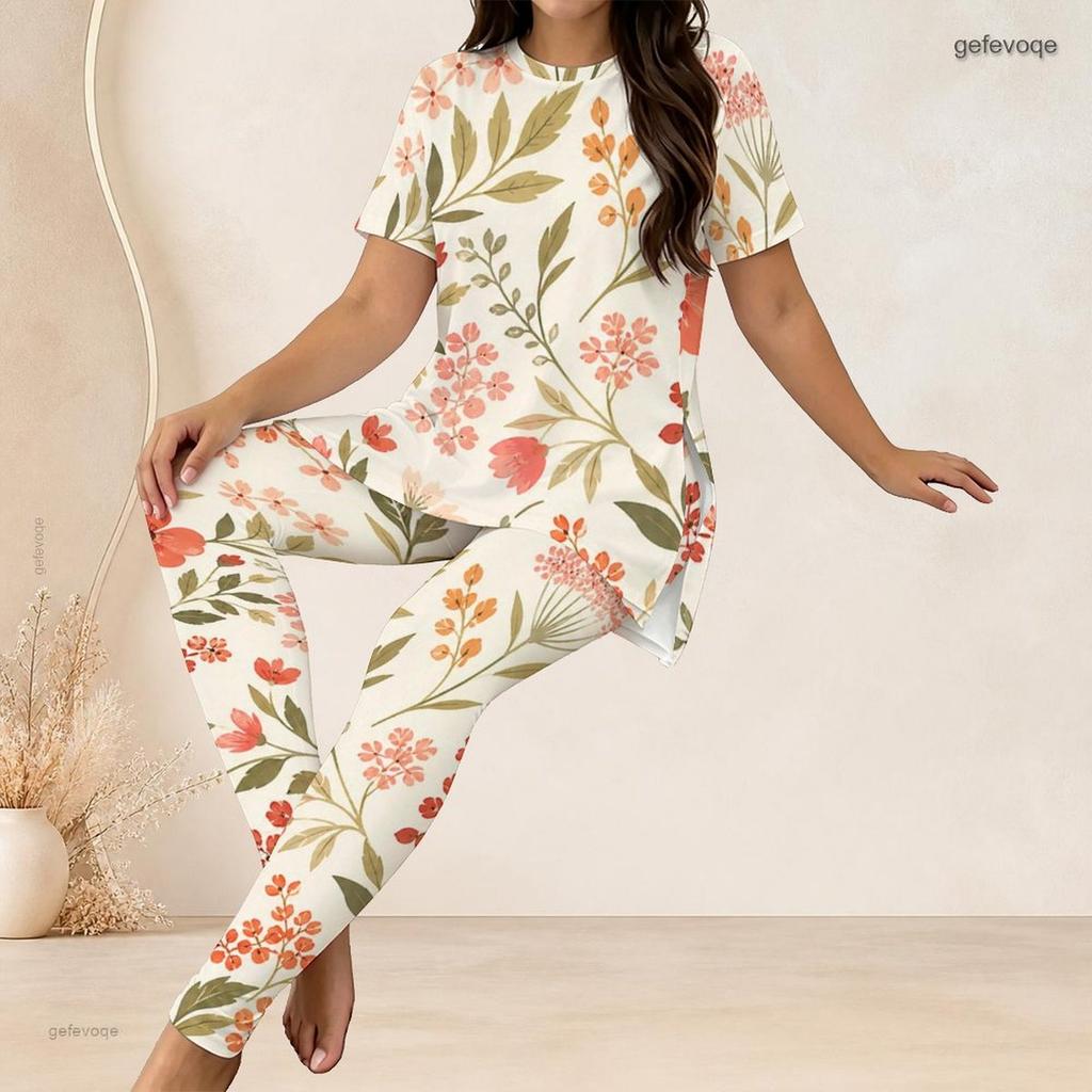 Women Plus Size Two Piece Set Round Neck Short Sleeve Floral Printed Long Top And Fitted Pants