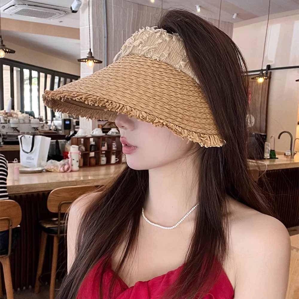 UV Protection Empty Top Straw Hat Woven Straw Folding Sunshade Hat Women's Sun Hats  Beach Vacation