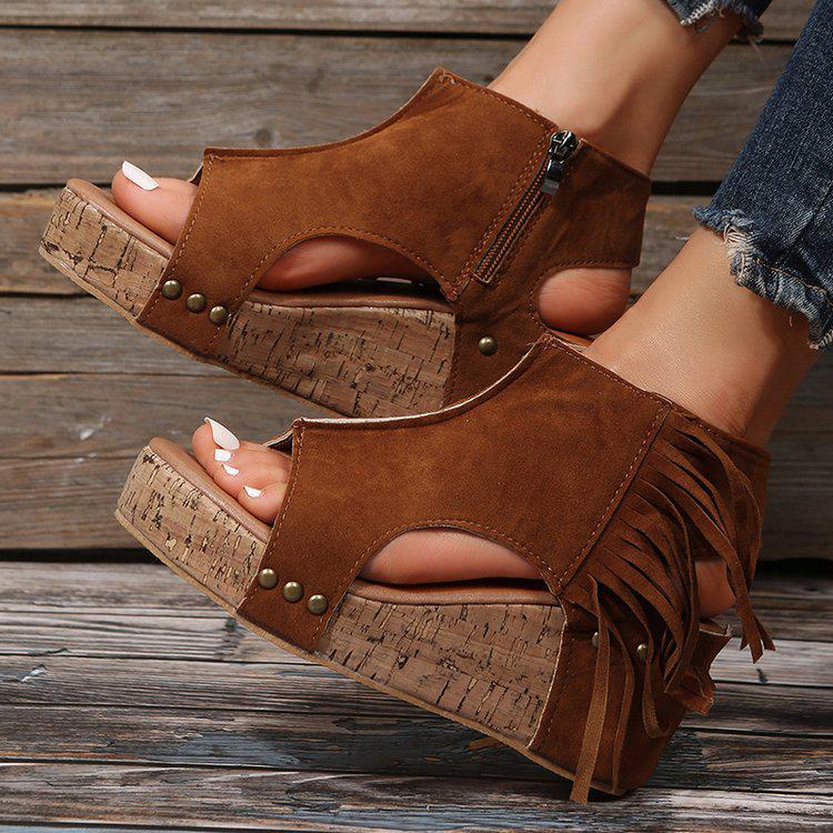 2023 Sommer Fransen Nieten Keilabsatz Sandalen: Damen Wasserdichte Plateau-Schuhe mit Hohlkehle und Hohem Absatz, Fischmaul, Übergrößen Verfügbar