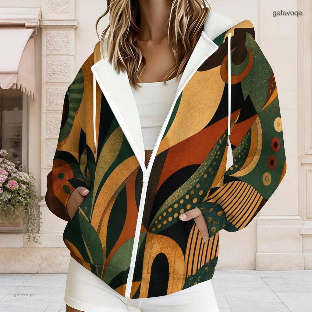 Women Plus Size Zip Up Drawstring Hoodie Long Sleeve Colorful Paint Splash Print With Pockets