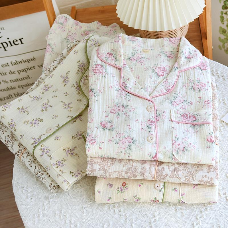 Women's Autumn Long Sleeve Cotton Floral Crinkle Fabric Plus Size Homewear Set