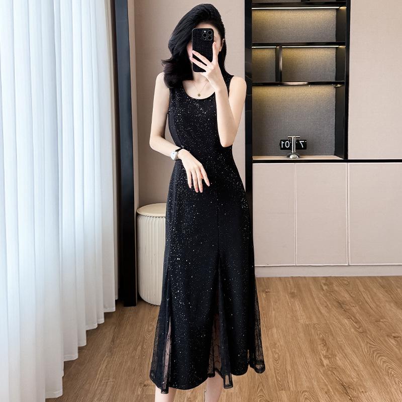 Real Shot Sleeveless Women’s Mesh Splice Mid-Length Plus Size Dress for Spring, Summer, and Autumn