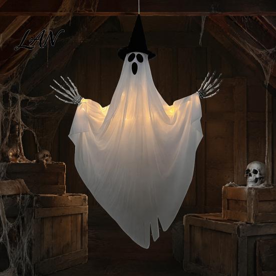 Leuchtende Geisterdekoration Halloween Hängend mit Hexenhut, Leuchtende Gruselige Spukhaus Requisiten Außen Dekoration für Veranda Baum, Szene Ornament