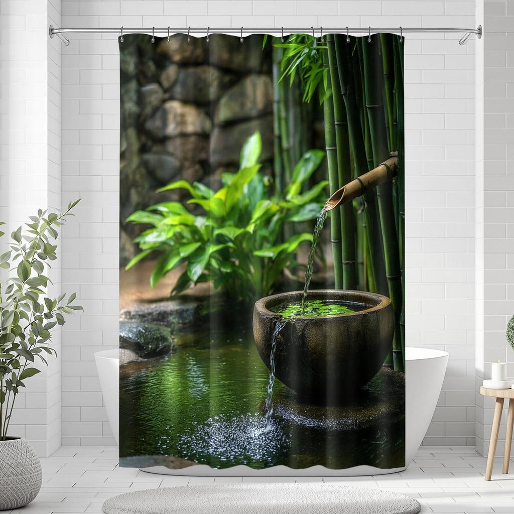 1/4pcs Bamboo Water Fountain Shower Curtain Set Zen Garden Nature Scenery Waterproof Fabric Bath Curtain with 12 Hooks Non Slip Rug and Toilet Cover