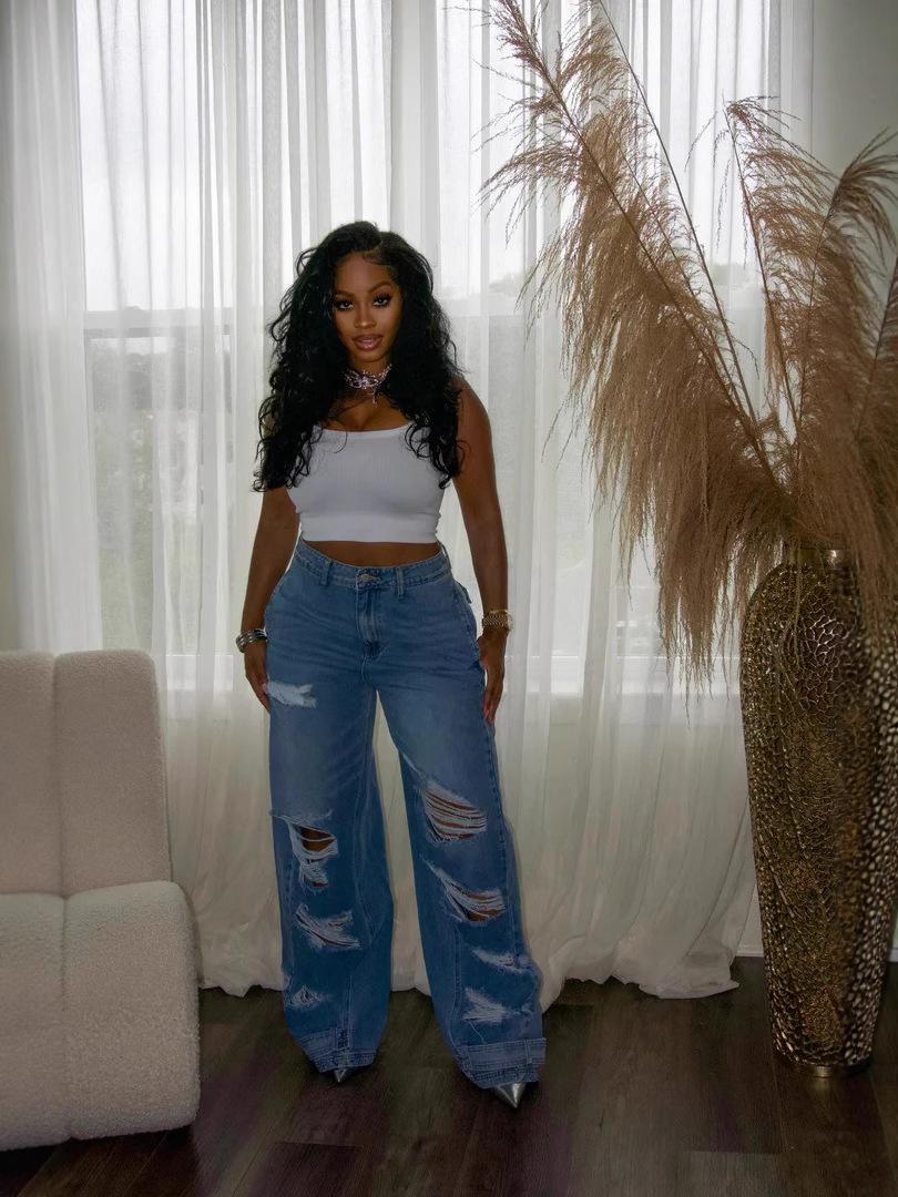 Women s Casual Slimming Ripped Mid-Waist Stretchy Washed Straight Leg Jeans M джинсовый синий