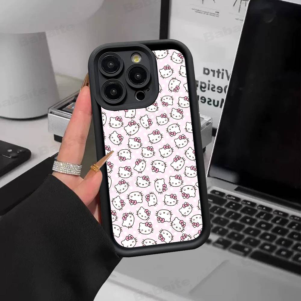 H-Hello Kitty Silicone Soft Phone Case For IPhone 17 16 15 14 Plus 13 12 Mini 11 Black Cover