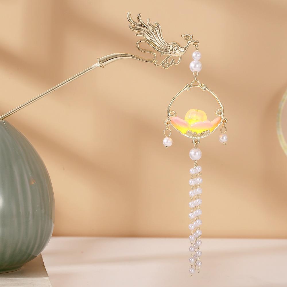 Vintage Lotus Emit Light Hairpin Chinese Style Tassel Hair Stick  For Woman Girl Hair Accessories