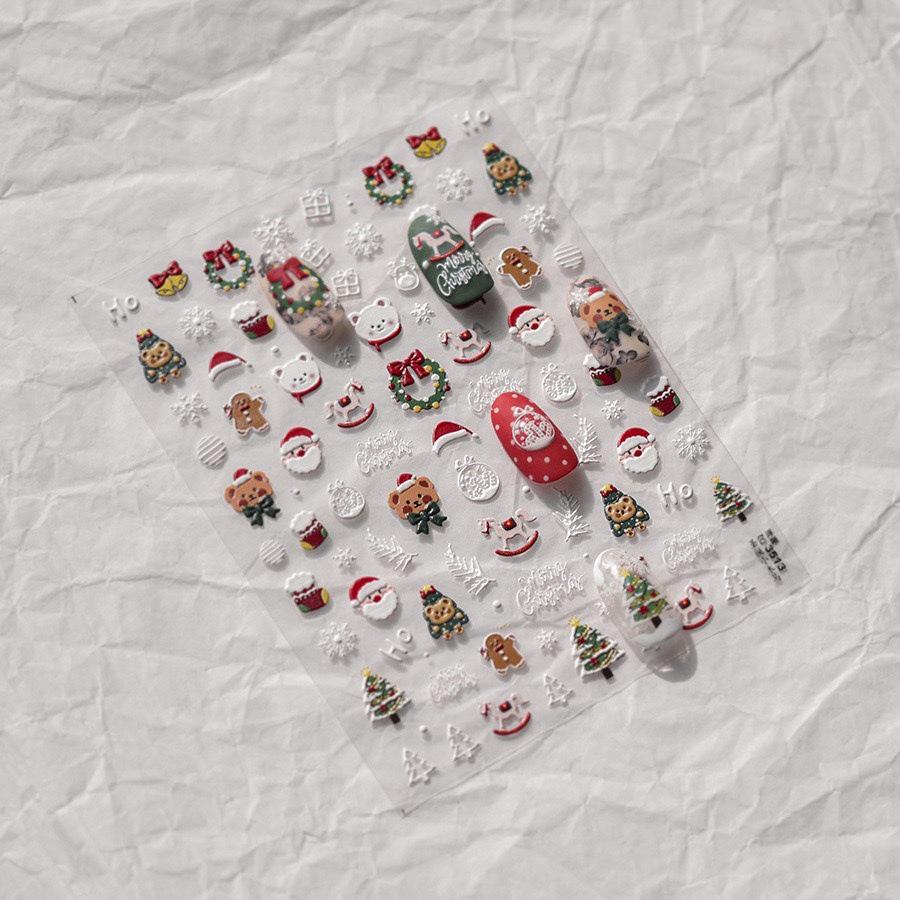 Festive 3D Snowflake & Tree Embossed Nail Stickers - Waterproof & Colorful Christmas Ornaments