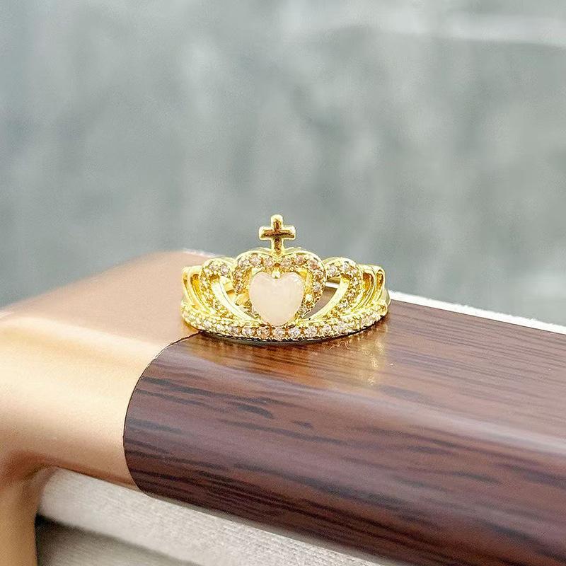 Anel Aberto de Contas de Coroa de Luxo Leve Vintage Medieval Zircônia Requintada Estilo Corte Retrô Francês Anel de Dedo Indicador