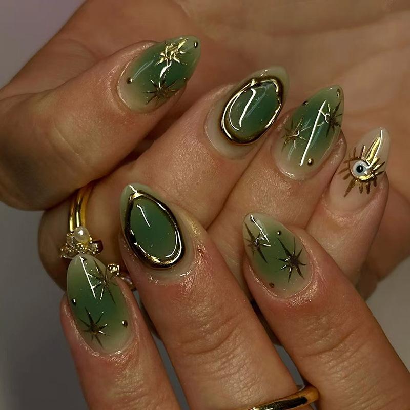 24PCS Golden Star Almond Press On Nails Simple Green French with Pearl Fake Nails for Women Sweet Cool Wearable False Nails Tips