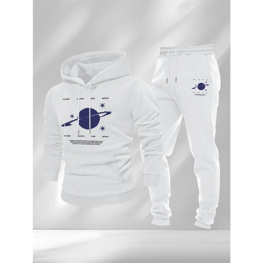 Saturn Planet Printed Hoodie Sportswear Drawstring Hoodie Pants Set Casual Street Style Fashionable Men's Essential