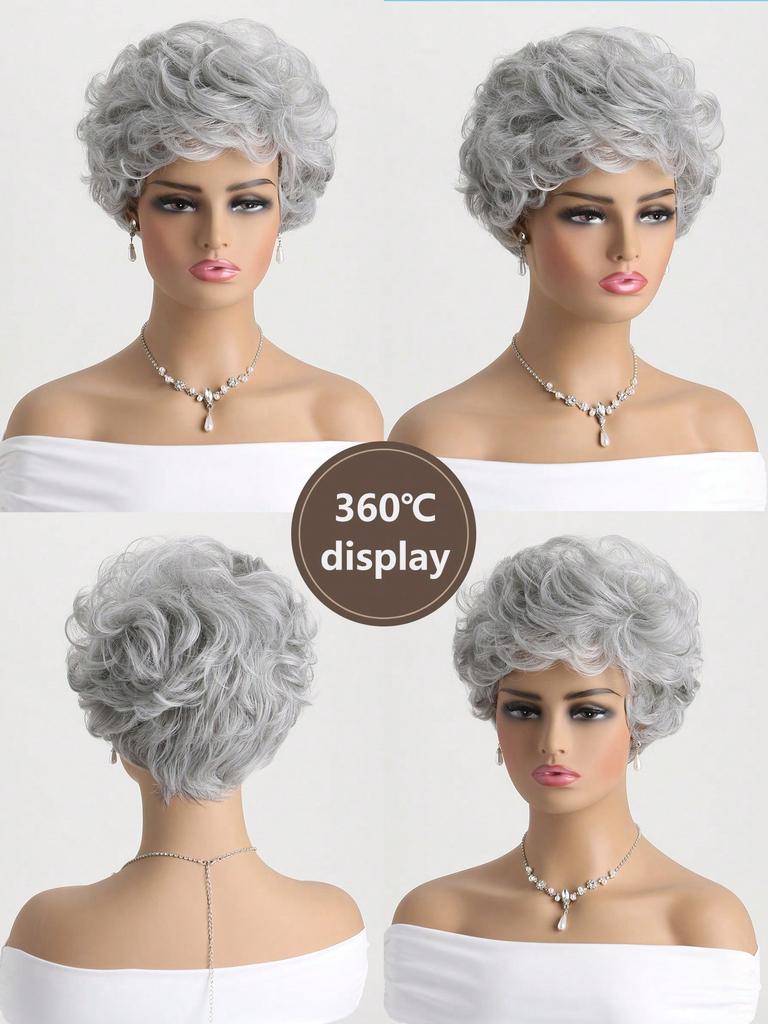 Syntetisk Dam Silvergrå 10 tum Lockig Kort Peruk Mjuk Värmetålig Naturlig Peruk med Lugg