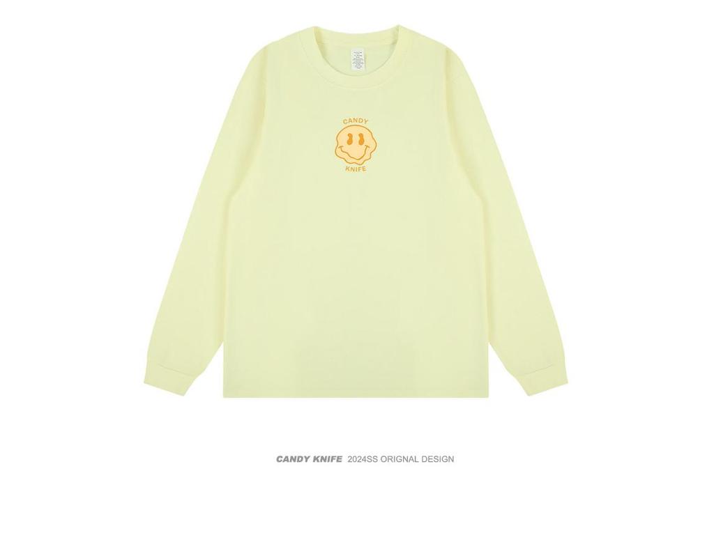 Trendy Retro Hong Kong Style Printed Couple Cuffed Sleeve Loose Long Sleeve T-shirt