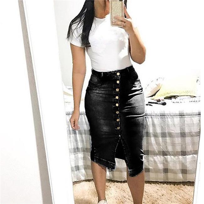Women Fashion Denim Skirt Summer Button Design Split Front Skirts