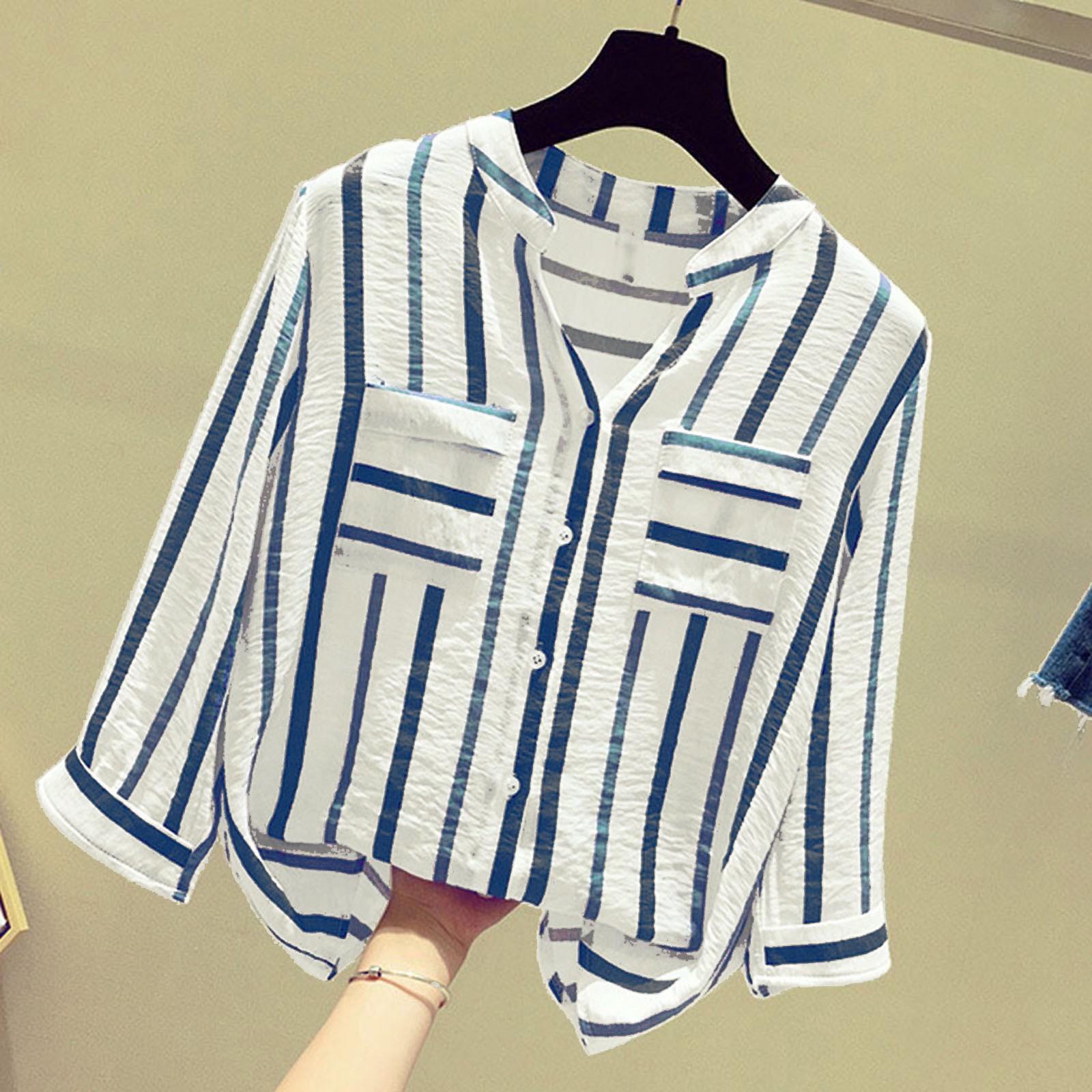 

Fashion Women Half Sleeve Striped V-Neck Loose Top Ladies Button Shirts XXL синий