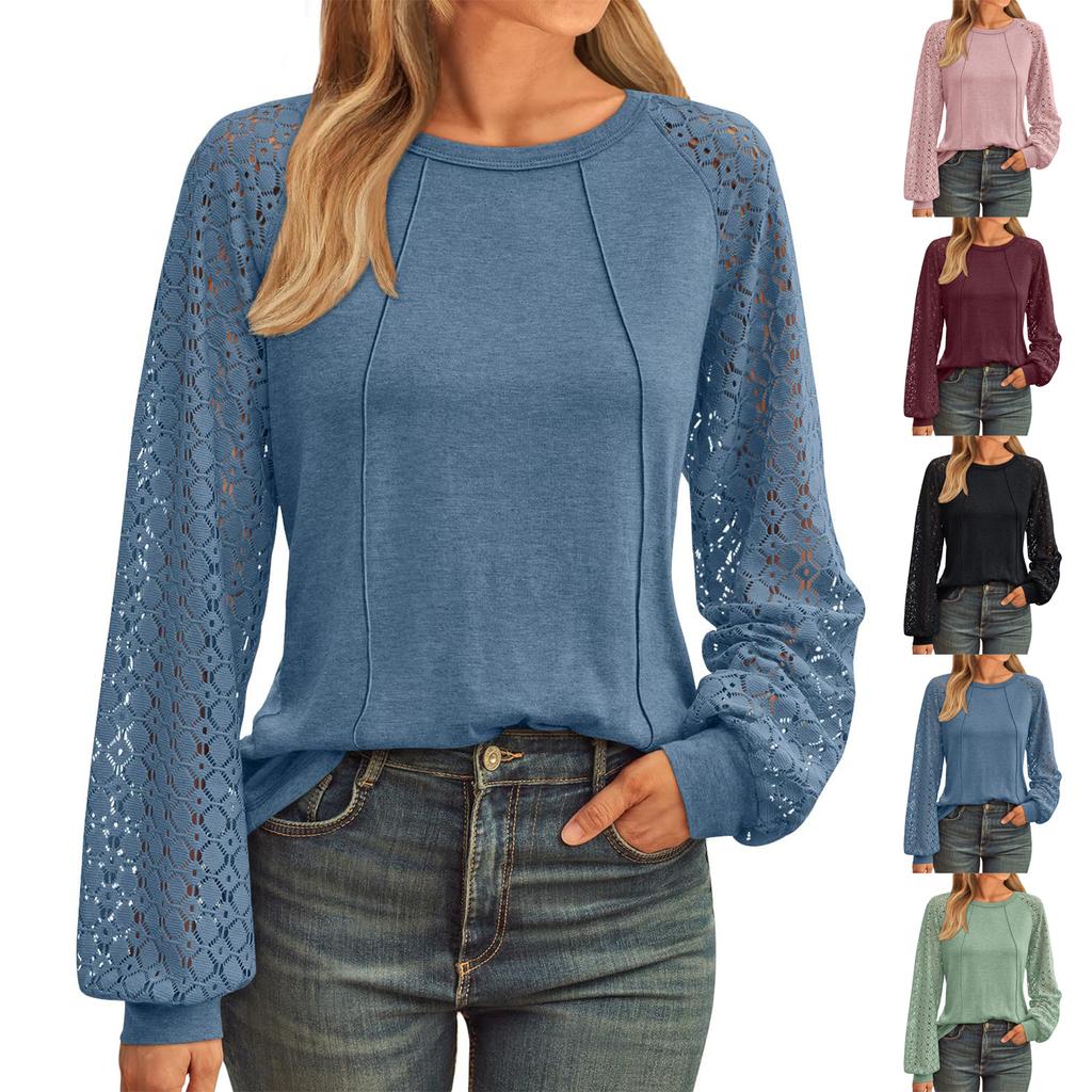 Women's Solid Color Lace Patchwork Round Neck Long Sleeved T-shirt Loose Top
