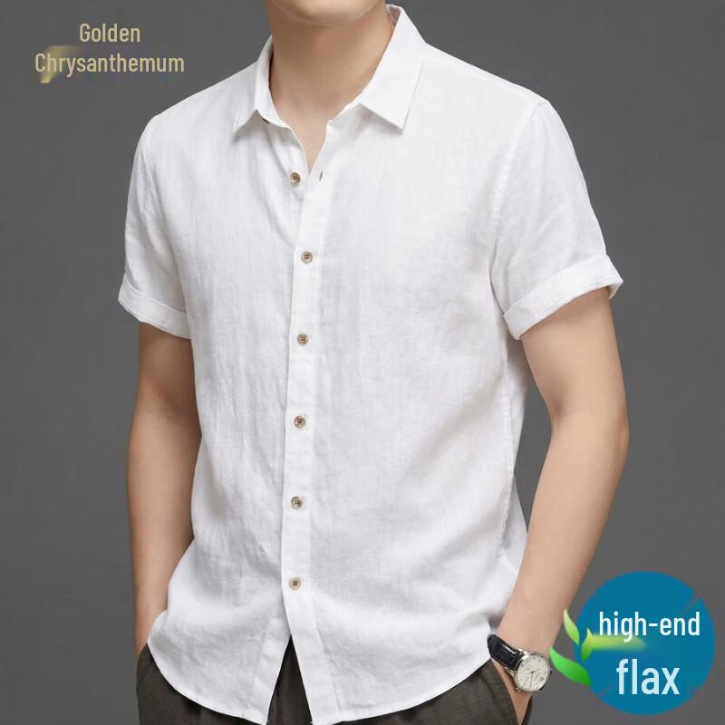 Jinju Premium Men s 100% Linen Short-Sleeve Lapel Button Shirt M