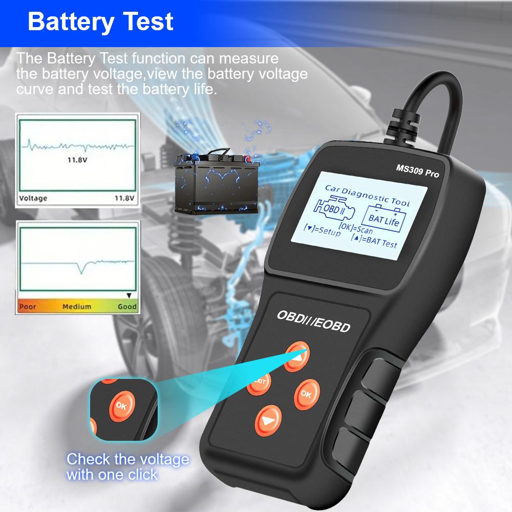 Live Data Code Reader MS309PRO Battery Tester Car Diagnostic Tool Read Vehicle Information Check Engine System Multi-language OBD2 Scanner