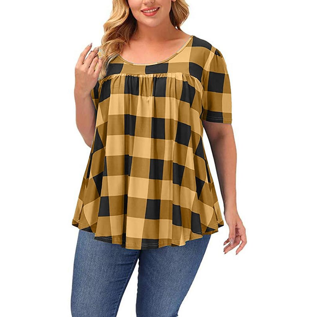 Summer Women's Short Sleeve Blouse Round Neck Loose Plaid Printed Shirt Top