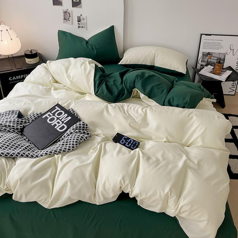Einfarbiges vierteiliges Bettlaken-, Bettbezugs- und Steppdeckenbezug-Set für Zuhause, Wohnheim und Einzelbettwäsche.
