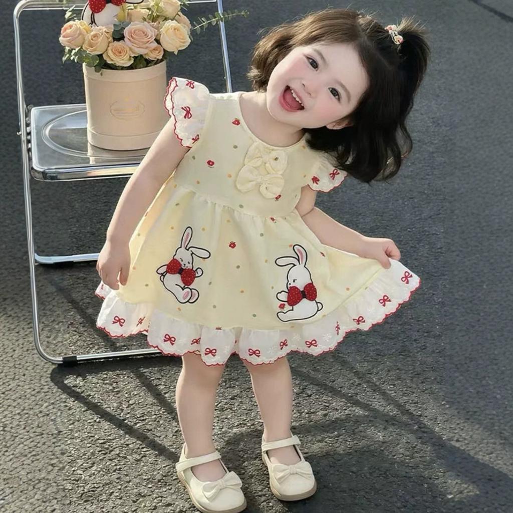 Girls Summer Cotton Dress with Bunny Print and Bow Single Layer Princess