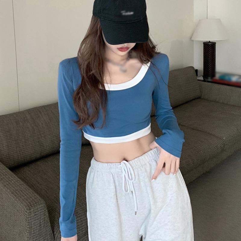 

Женская футболка с круглым вырезом и длинным рукавом в стиле пэчворк с открытым пупком L