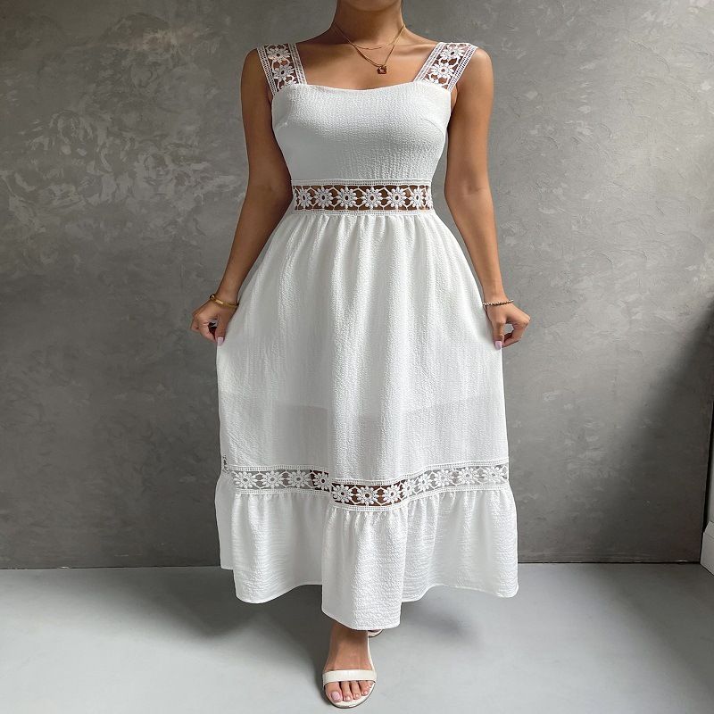 

Hollow Lace Temperament Sling Patchwork Slim fit Sleeveless Women s Long Dress Women Sexy Patchwork Dress White XL