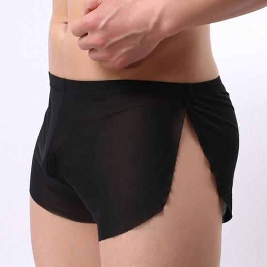 Solid Color Men Ultra-thin Translucent Low Waist Split Boxers Shorts Underwear