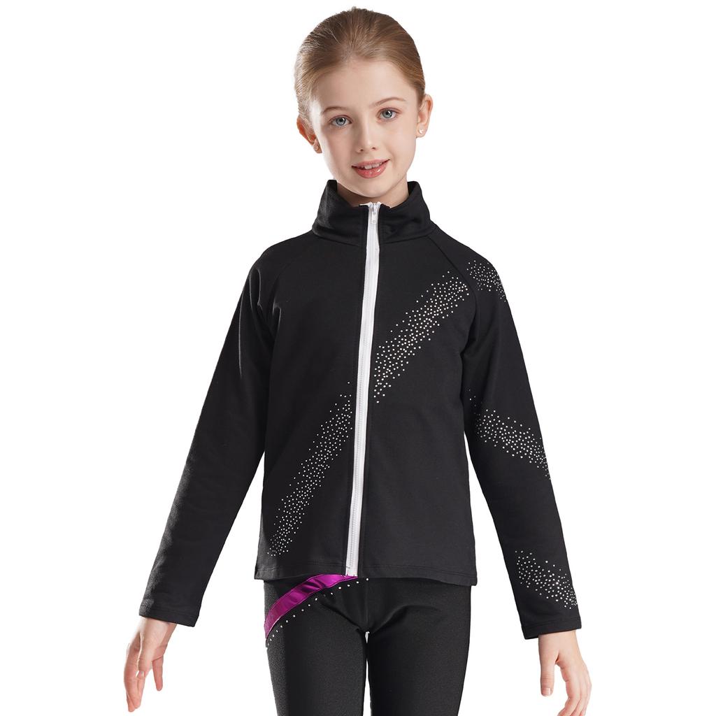 Unisex Kids Long Sleeve Stand Collar Rhinestones Decorated Zipper Outerwear Jacket Skating Workout Sports Top