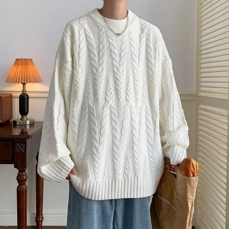 Oversized Knit Sweater Men Women Japanese Style Cable Pullover Loose Fit Round Neck Casual Cardigan