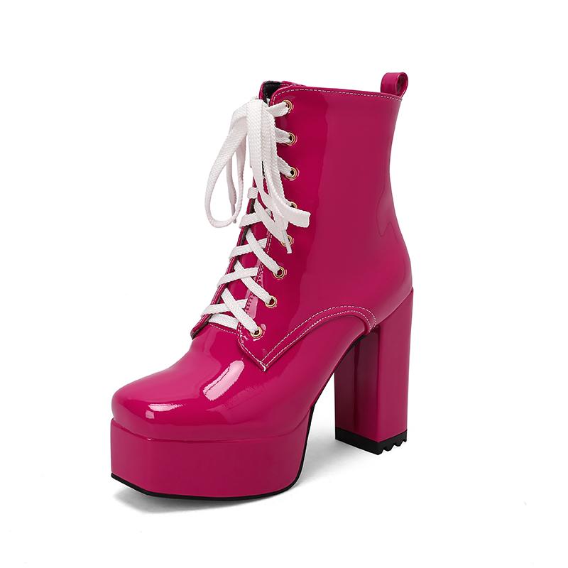 

2026 Лакированная кожа с высоким глянцем Шнуровка Молния Металлическая цепь Панк-стиль Короткие ботинки Квадратный носок Высокий толстый каблук Ботинки на платформе 39