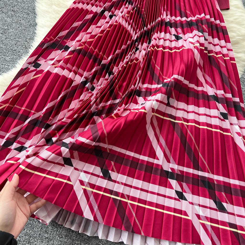 Spring Autumn Women Elegant Blazer Collar Double Breasted Print Office Party Long Maxi Pleated Dresses