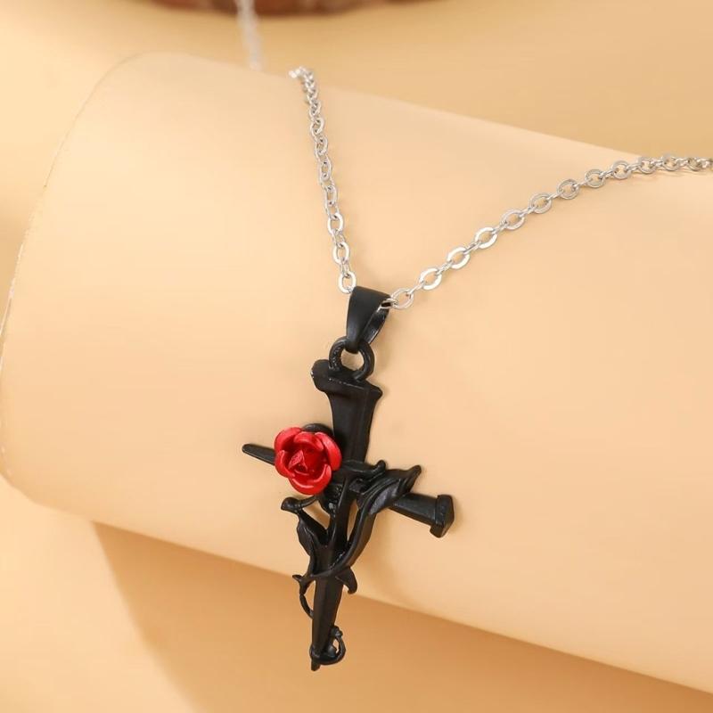 Alloy Rose Crucifix Pendant Necklace For Everyday Wear Religious Symbol Jewelry Gift With Adjustable Chain Design
