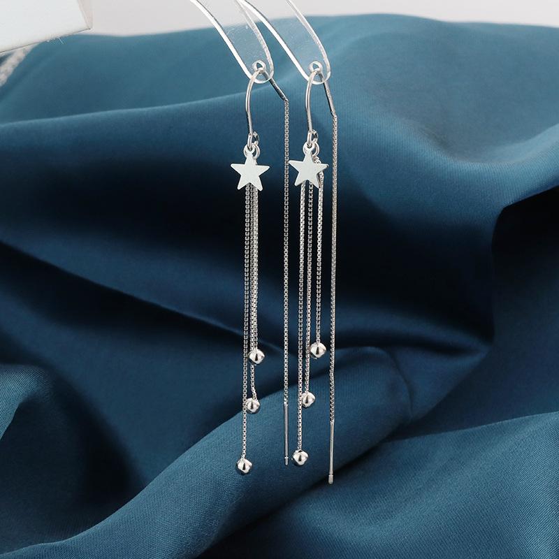 925 Silver Star Tassel Earrings Long Five Pointed Star Round Bead Fashion Jewelry Bridesmaid Gift