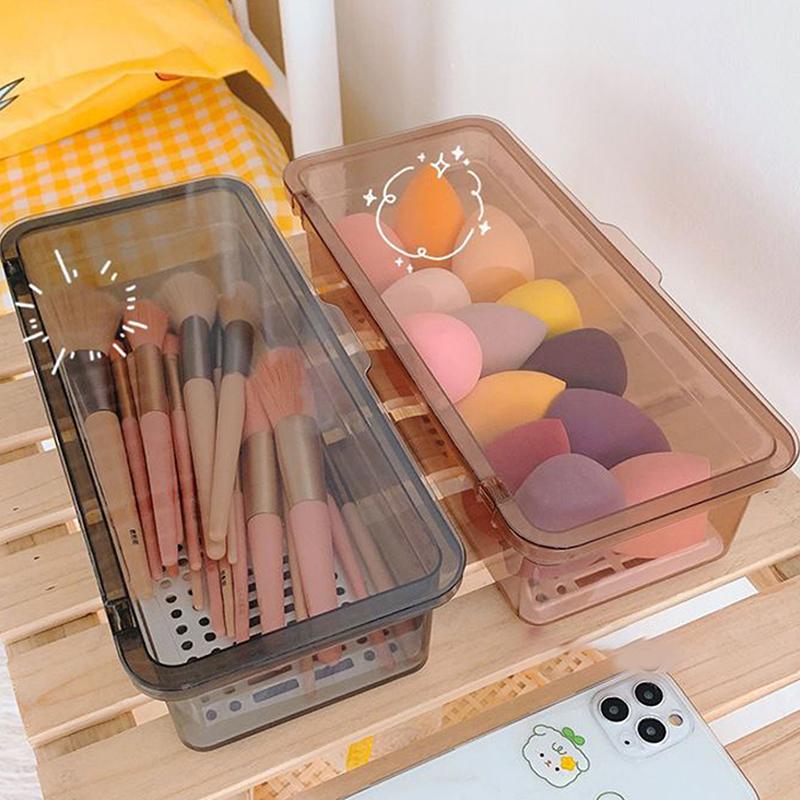 Transparent Makeup Brush Storage Box Dustproof Beauty Egg Lipstick Storage Box With Cover Portable Desktop Storage Bucket