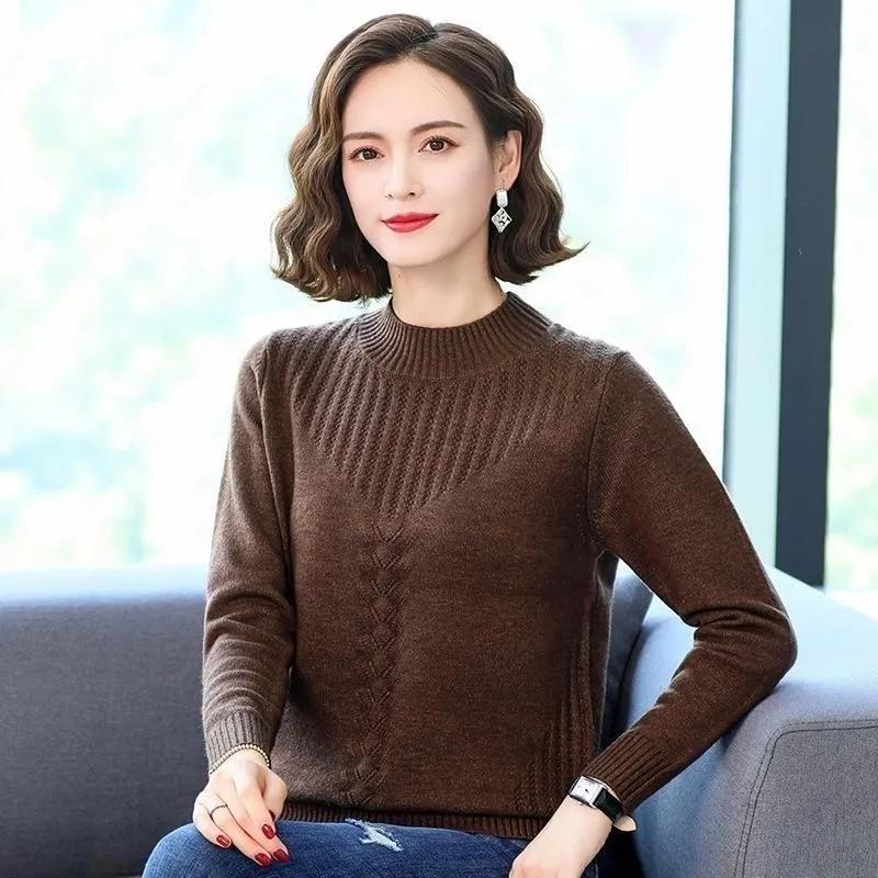 

Autumn Winter Sweater Women s Autumn and Winter Loose Western Style Thickened Middle-aged Mother Knitted Bottoming Shirt Half-high Collar All-match XS